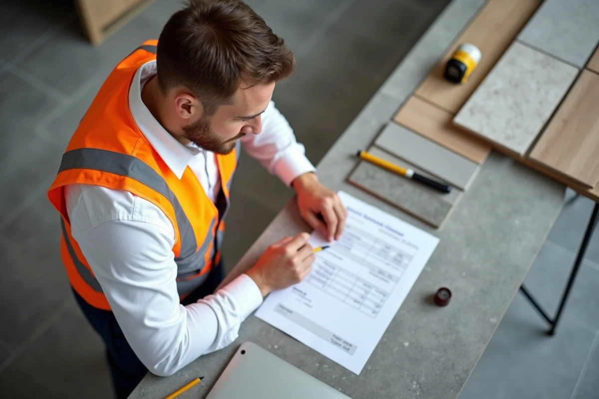 Artisan examinant un devis de pose de carrelage avec des échantillons de carreaux sur un chantier cuisine
