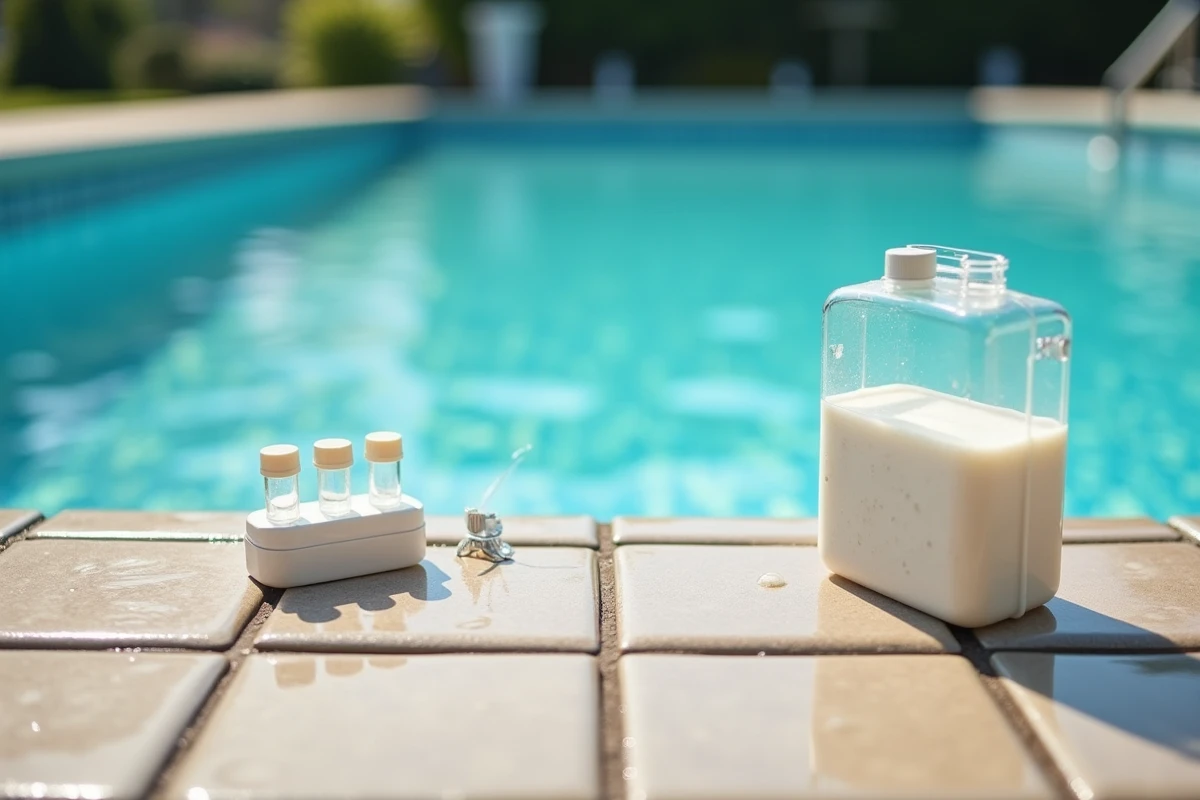 Eau de piscine trouble et laiteuse après ajout excessif de clarifiant avec bidon et kit de test au bord du bassin