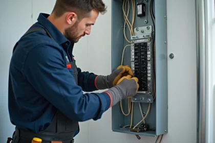 Électricien installant une prise modulaire sur un tableau électrique résidentiel dans une salle technique