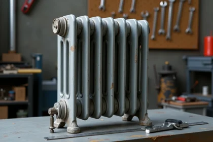 Élément de radiateur en fonte posé sur un établi d'atelier avec règle et pied à coulisse pour mesure de poids et dimensions