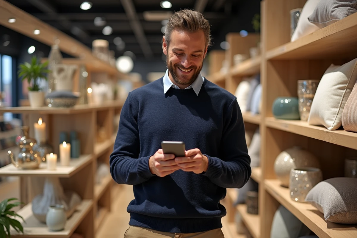 Employé Maisons du Monde utilisant une application CSE pour profiter d'une réduction en magasin en 2026