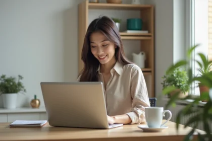 Employée Maisons du Monde consultant les avantages de son CSE sur un ordinateur portable depuis son bureau à domicile