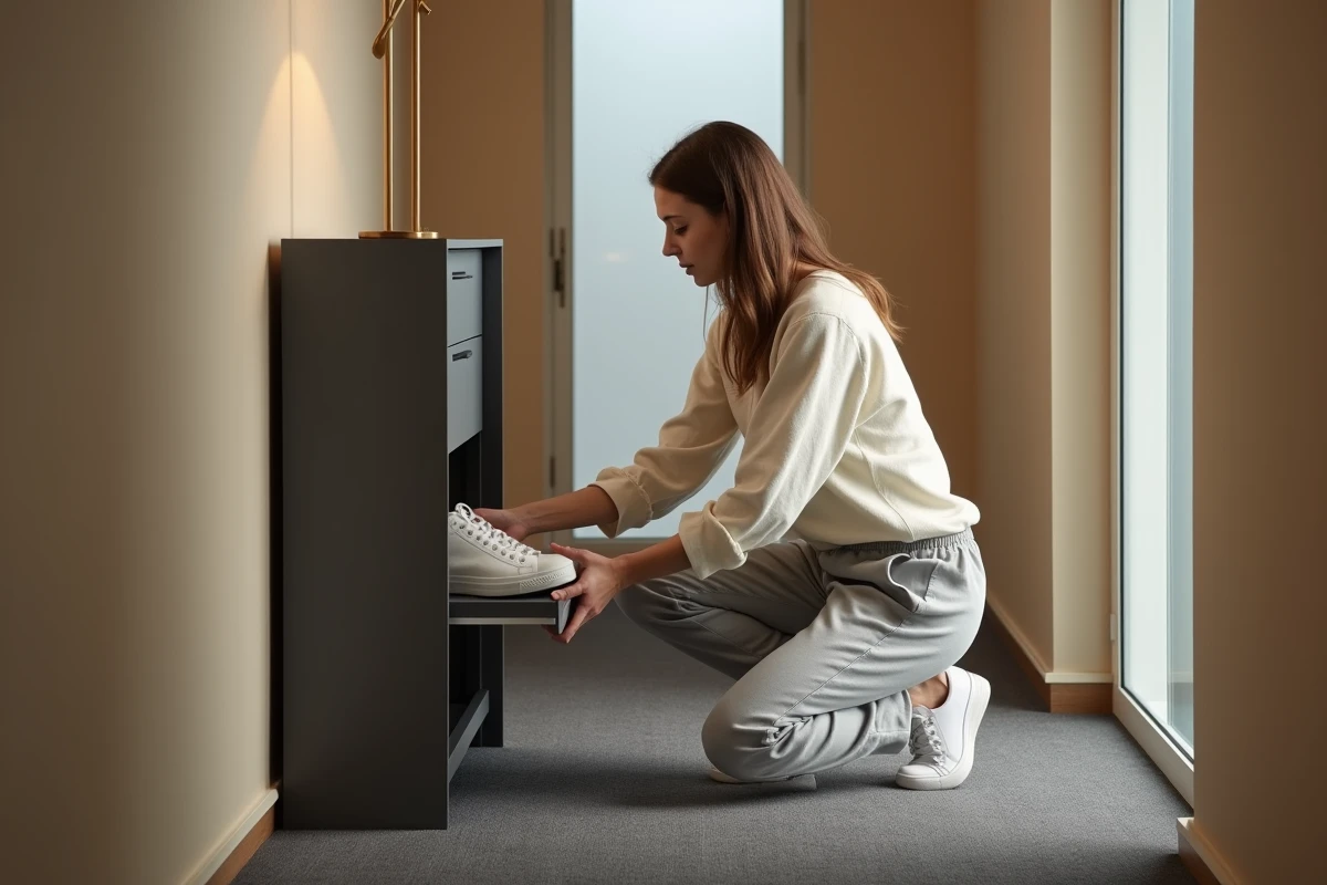 Femme rangeant ses chaussures dans un petit meuble Nano anthracite au bout d'un couloir de chambre
