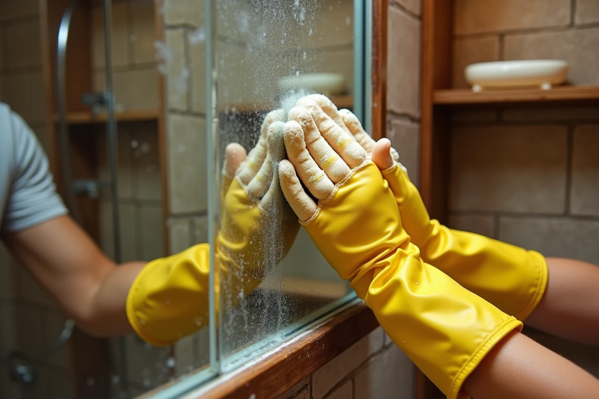 Gros plan de mains gantées nettoyant un miroir très encrassé avec du vinaigre blanc et du papier journal