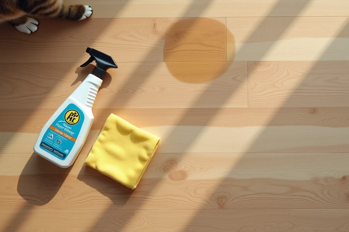 Vue de dessus en gros plan d'un parquet stratifié partiellement nettoyé avec un spray nettoyant spécial animaux et une microfibre, patte de chat visible en bordure de cadre