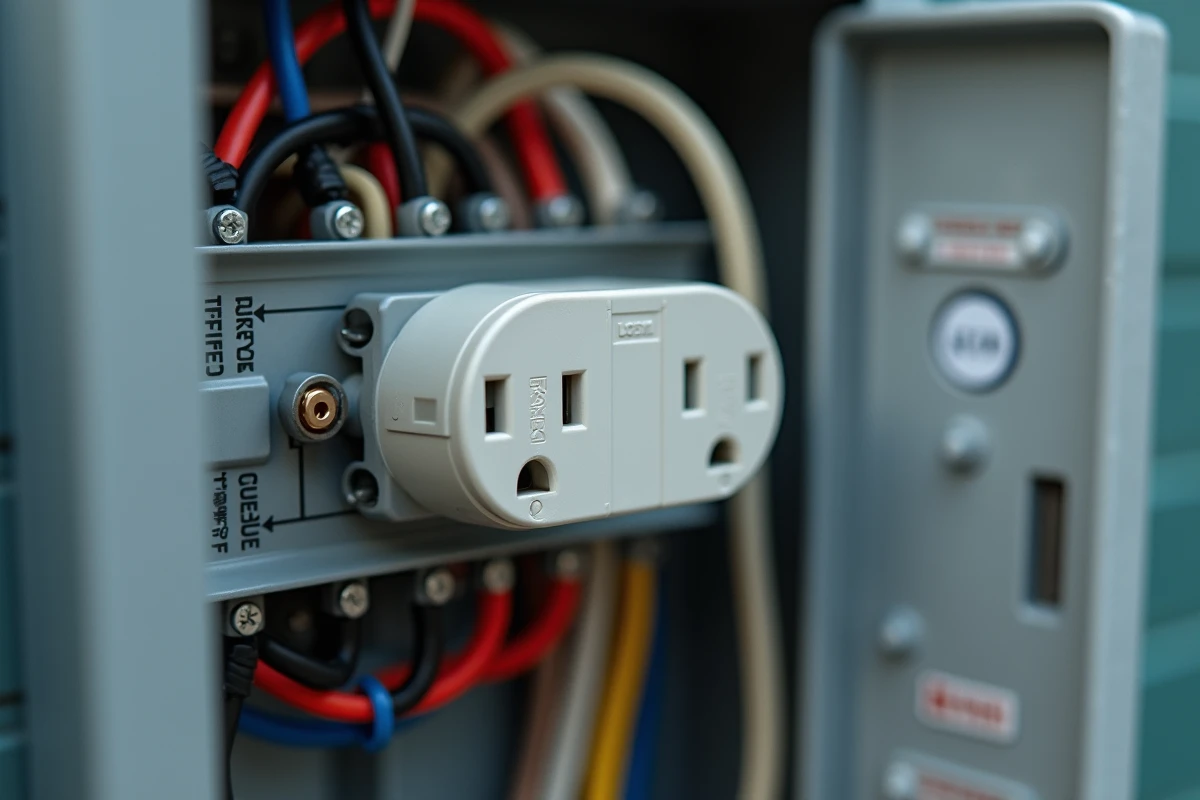 Gros plan sur une prise modulaire installée sur rail DIN dans un tableau électrique résidentiel ouvert