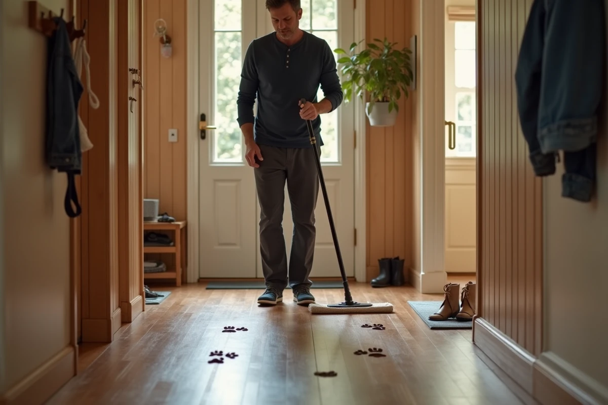 Homme passant une serpillière plate sur un couloir en parquet stratifié avec des traces de pattes de chien visibles, ambiance maison réaliste avec crochet à laisse au mur