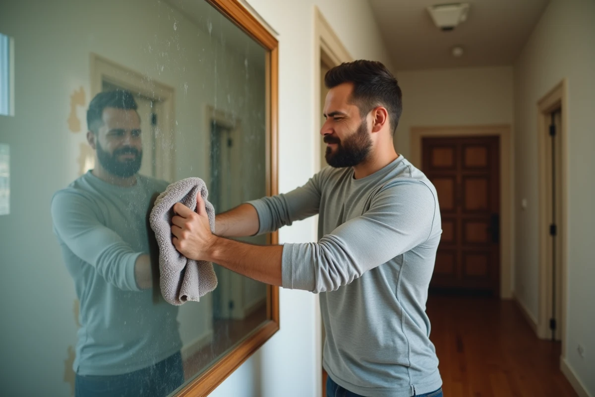 Homme essuyant un grand miroir poussiéreux dans un couloir avec un chiffon microfibre