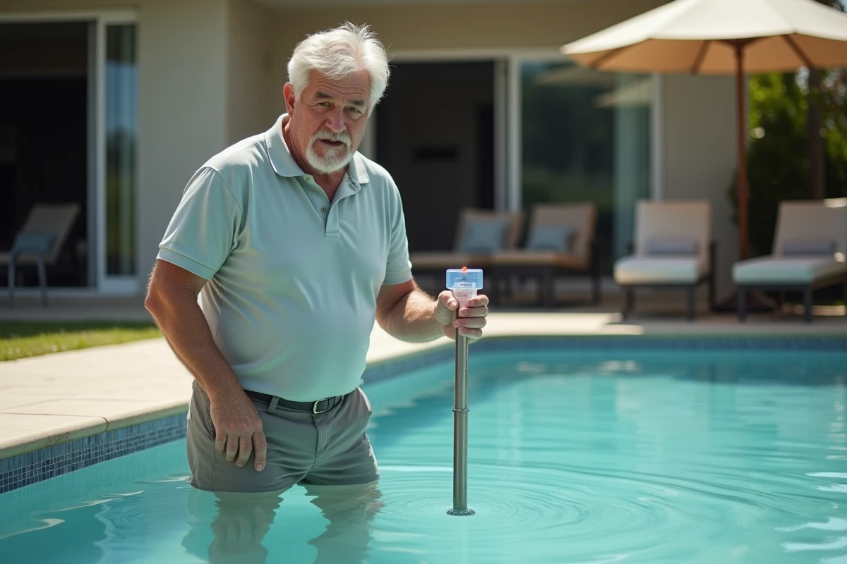 Homme testant la qualité de l'eau d'une piscine trouble après un dosage excessif en clarifiant dans un jardin résidentiel