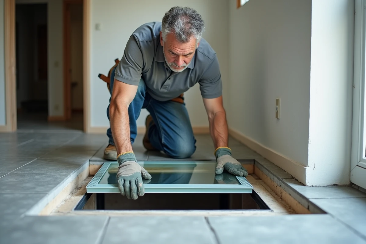 Artisan installant une trappe de cave en verre dans le sol d'un salon en cours de rénovation