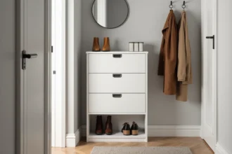 Meuble à chaussures Nano blanc compact dans une entrée d'appartement étroit avec rangement optimisé