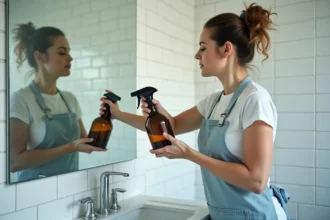 Femme nettoyant un miroir de salle de bain encrassé avec un spray détartrant
