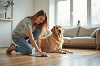 Femme nettoyant une tache sur un parquet stratifié avec un produit nettoyant spécial animaux, chien golden retriever assis en arrière-plan dans un salon moderne