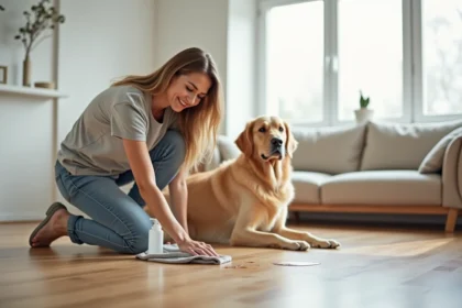 Femme nettoyant une tache sur un parquet stratifié avec un produit nettoyant spécial animaux, chien golden retriever assis en arrière-plan dans un salon moderne