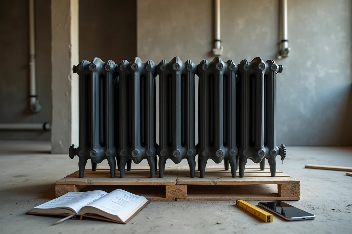 Rangée d'éléments de radiateurs en fonte sur palette dans un chantier de rénovation avec notes de calcul de poids par élément