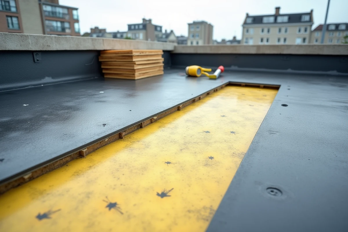 Chantier de rénovation toit terrasse montrant les couches d'isolation et d'étanchéité bitumineuse en cours de pose
