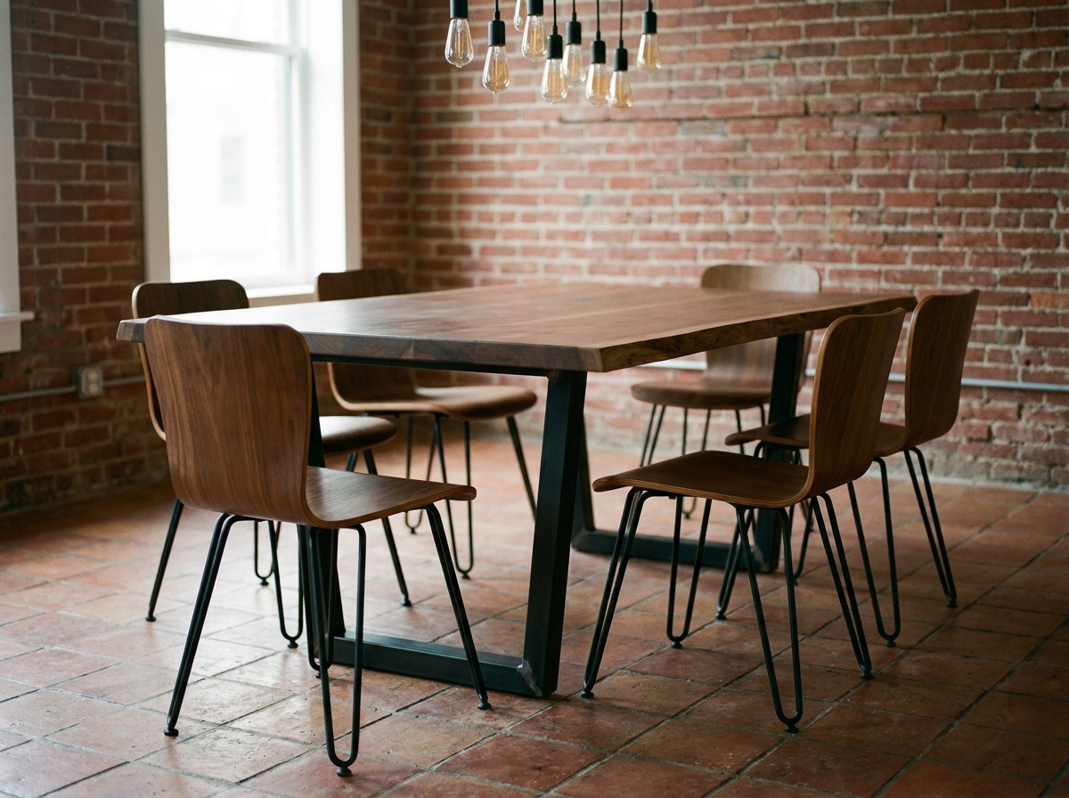 Table de salle à manger en noyer et acier avec chaises à pieds épingle dans un loft aux murs en briques apparentes