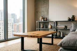 Table basse en chêne massif et acier noir mat dans un salon moderne au style scandinave avec étagère industrielle