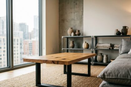 Table basse en chêne massif et acier noir mat dans un salon moderne au style scandinave avec étagère industrielle