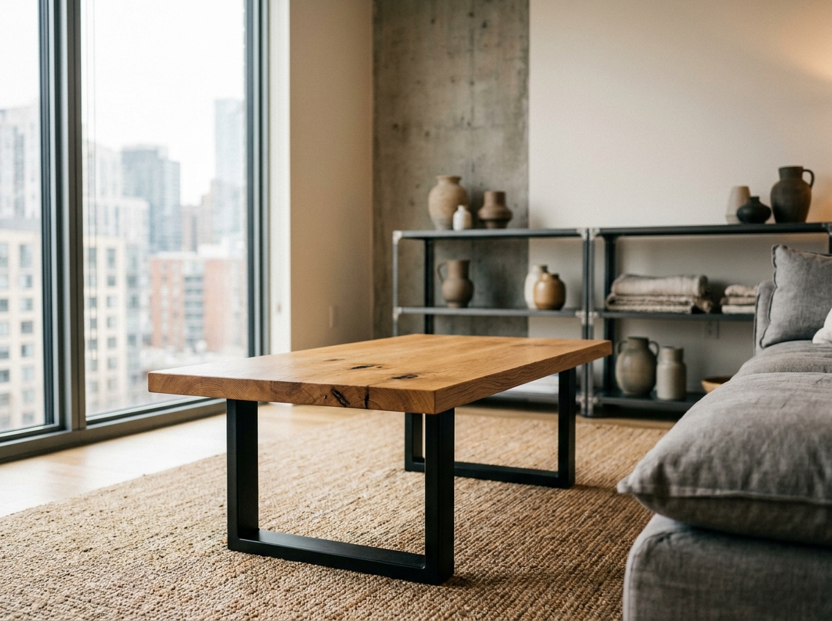 Table basse en chêne massif et acier noir mat dans un salon moderne au style scandinave avec étagère industrielle