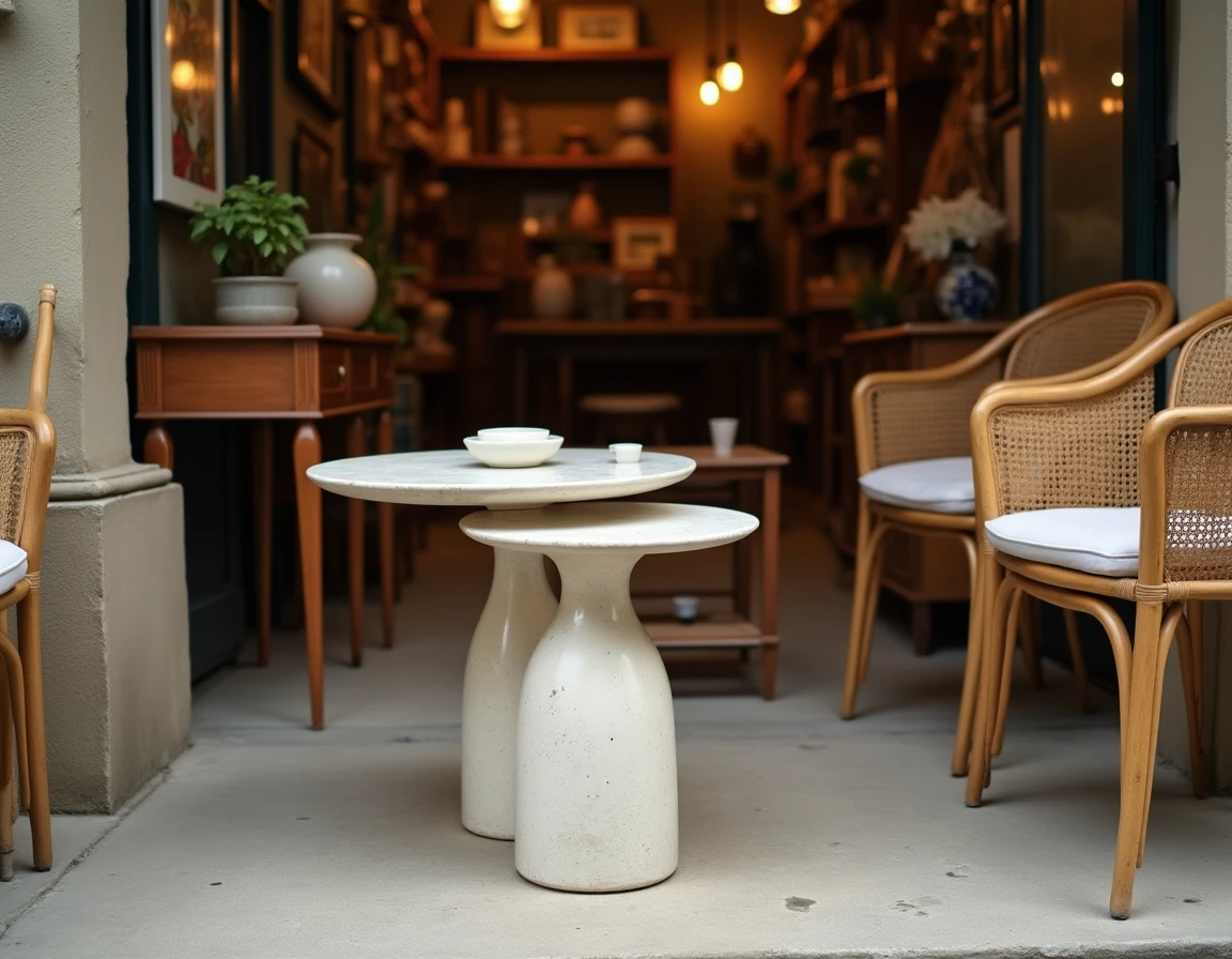 Table basse Roger Capron exposée dans une boutique antiquaire avec mobilier vintage mid-century