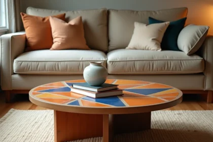 Table basse vintage en céramique mosaïque de Roger Capron dans un salon scandinave avec parquet chêne