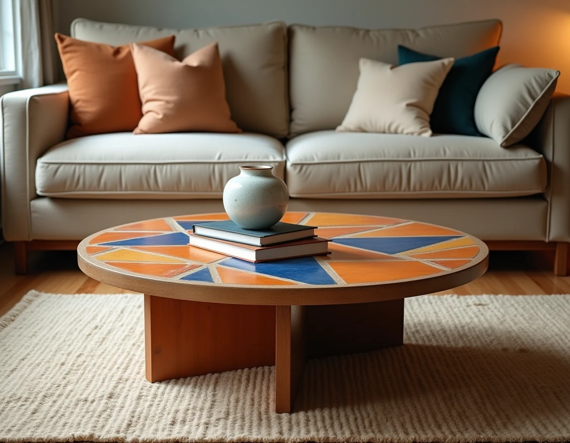 Table basse vintage en céramique mosaïque de Roger Capron dans un salon scandinave avec parquet chêne