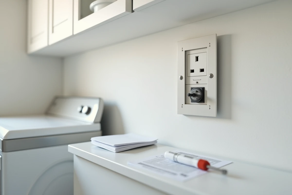 Tableau électrique avec prise modulaire intégrée dans une buanderie moderne après installation DIY