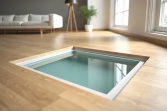 Trappe cave en verre encastrée dans un parquet en chêne clair d'un salon moderne minimaliste