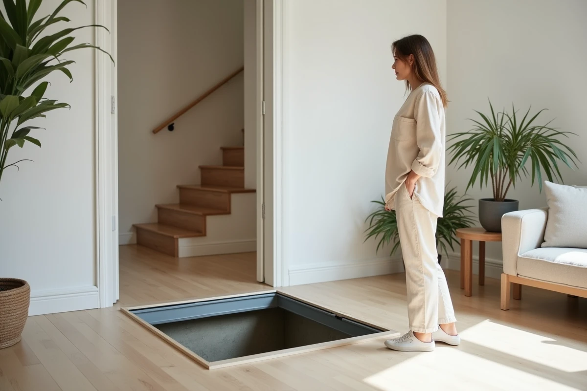Trappe cave vitrée ouverte dans un salon scandinave révélant un escalier vers une cave aménagée