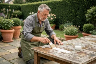Homme appliquant de l'acide oxalique sur une table de jardin en teck pour retrouver sa teinte naturelle