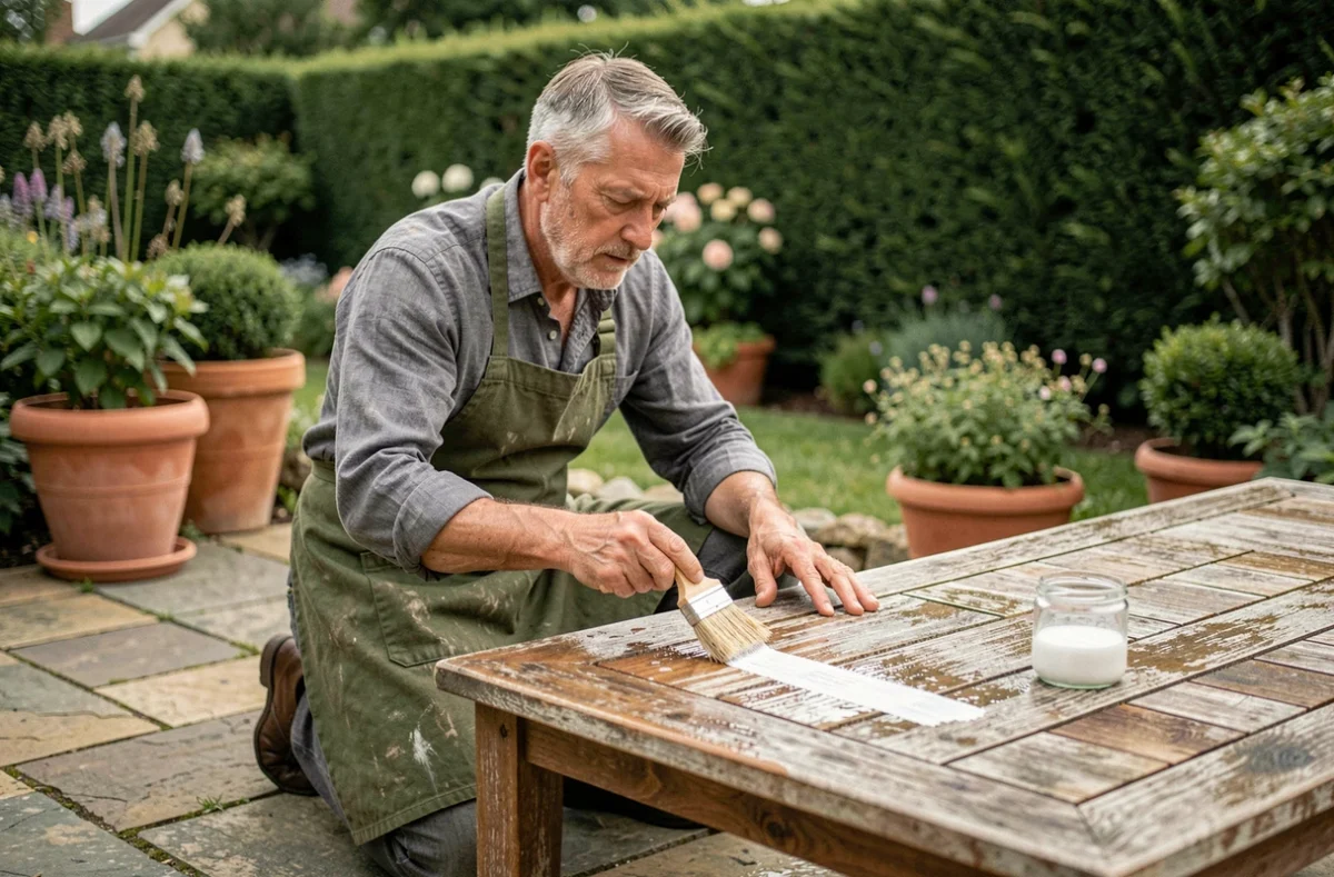 Homme appliquant de l'acide oxalique sur une table de jardin en teck pour retrouver sa teinte naturelle