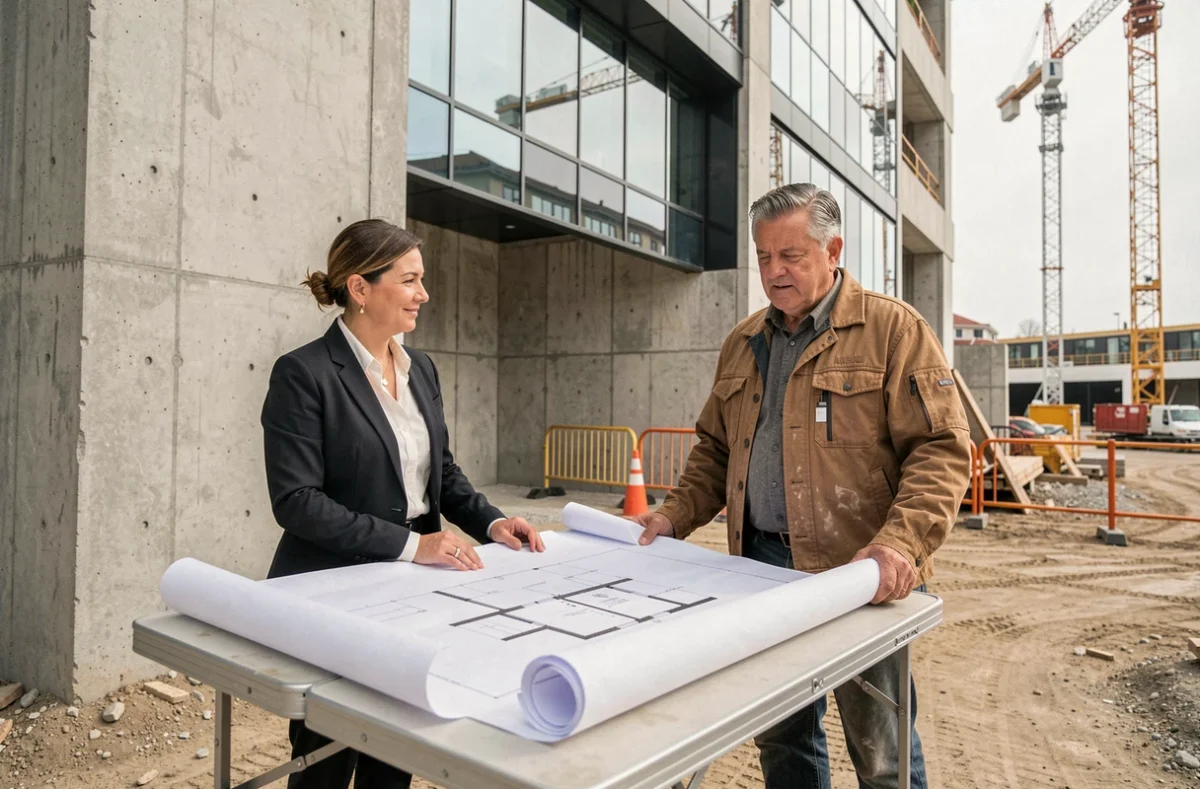 Architecte et entrepreneur consultant des plans de façade sur un chantier, anticipant le prix au m2 du nettoyage de façade dès la conception du projet