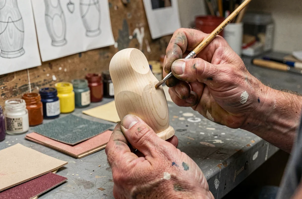 Mains d'artisan tenant une matriochka en bois de tilleul brut et appliquant une peinture détaillée sur la surface non vernie