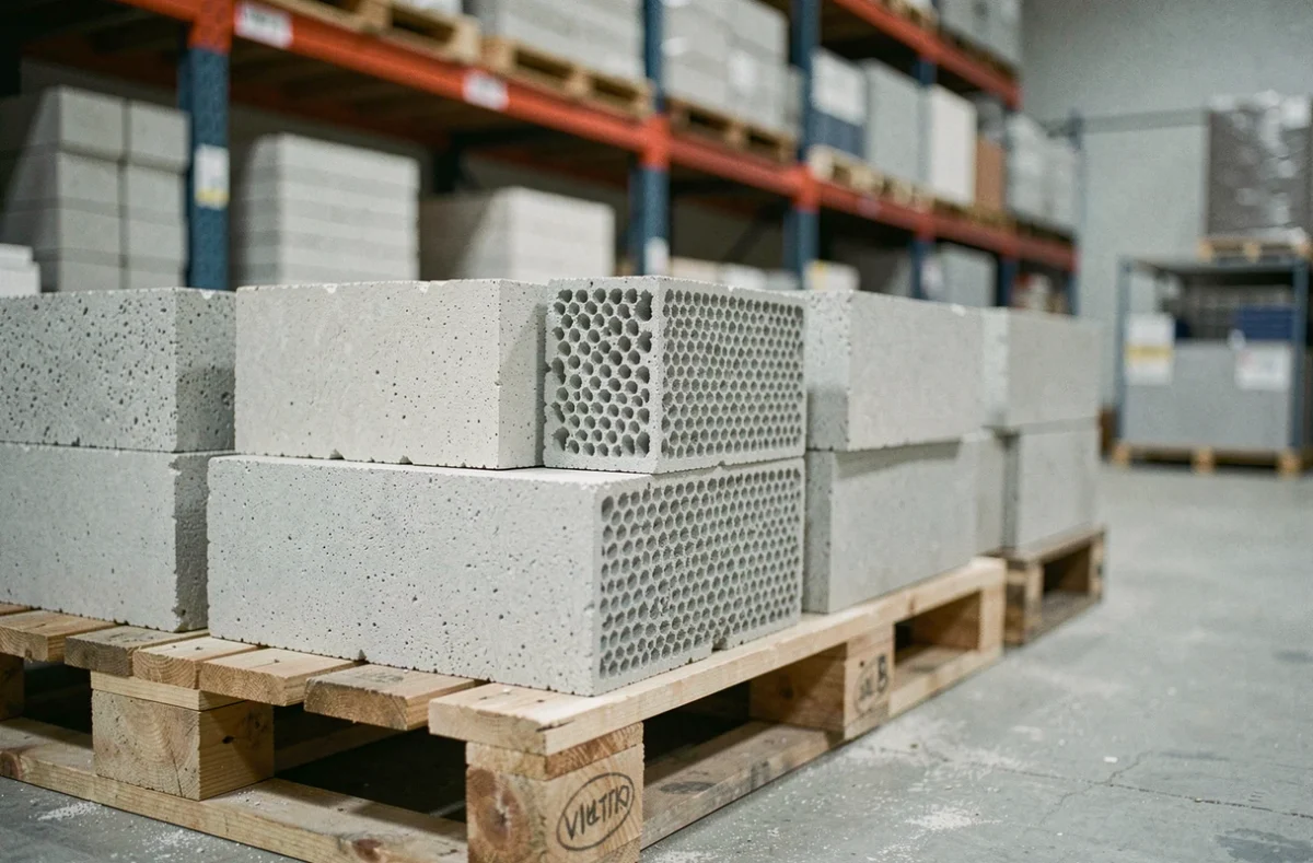 Blocs de béton cellulaire Siporex empilés sur palette dans un entrepôt de matériaux de construction