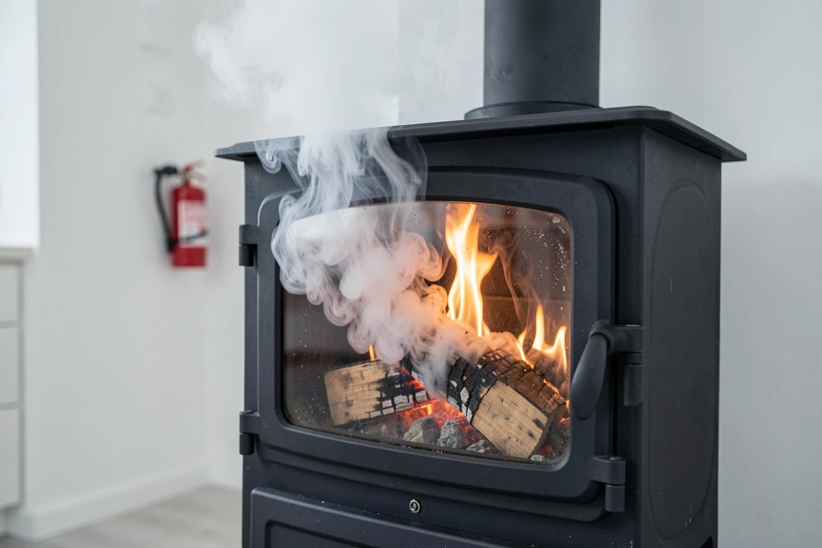 Bûche de ramonage en combustion dans un poêle à bois avec fumée chimique visible