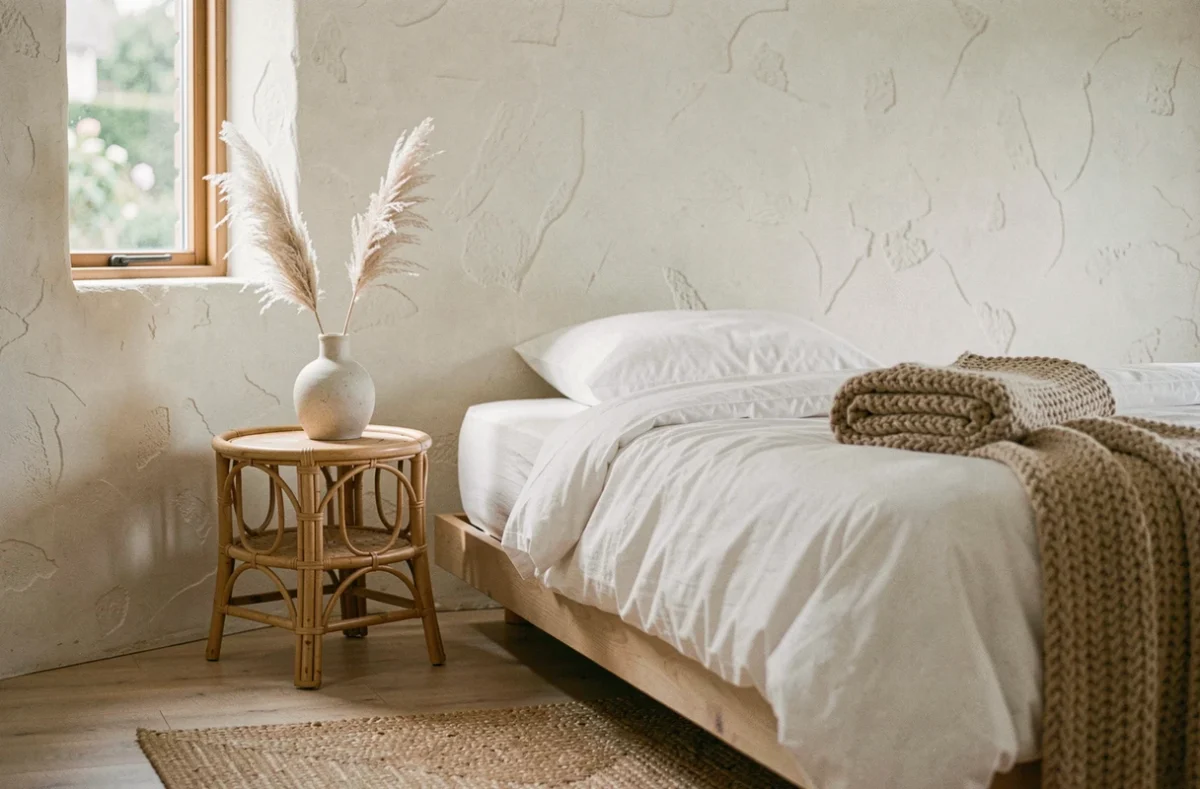 Coin chambre minimaliste avec table de chevet en rotin, vase céramique et literie blanche, décoration naturelle et épurée