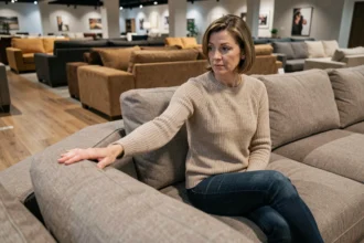 Femme évaluant la qualité d'un canapé Poltronesofa en magasin, testant le tissu du revêtement avec attention
