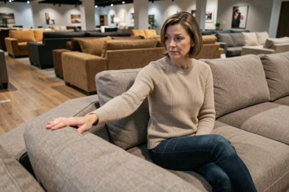 Femme évaluant la qualité d'un canapé Poltronesofa en magasin, testant le tissu du revêtement avec attention