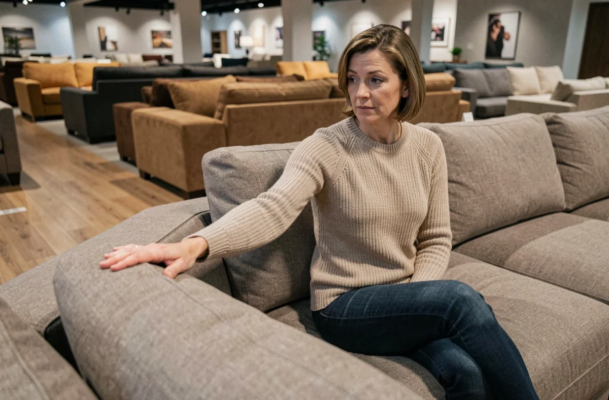 Femme évaluant la qualité d'un canapé Poltronesofa en magasin, testant le tissu du revêtement avec attention