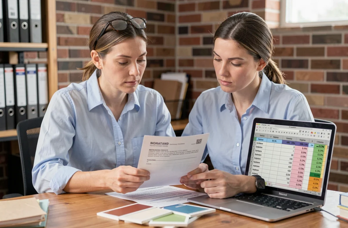 Entrepreneuse comparant des devis de pose de peinture au m2 selon les régions françaises sur un bureau professionnel