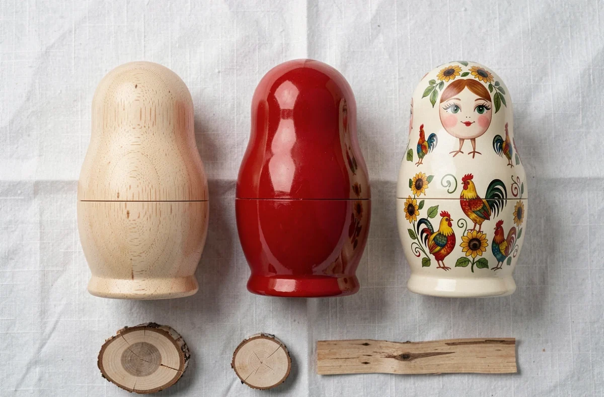Vue à plat de trois matriochkas en différentes étapes de finition sur lin blanc, comparant bouleau brut, peinture de base et laque décorative complète