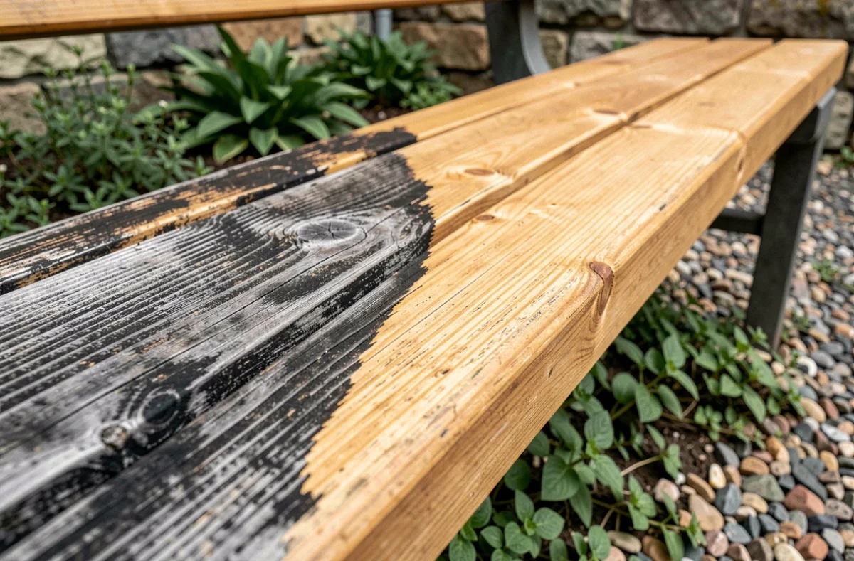 Détail d'un banc de jardin en bois montrant le contraste entre la partie vieillie et la partie restaurée à l'acide oxalique