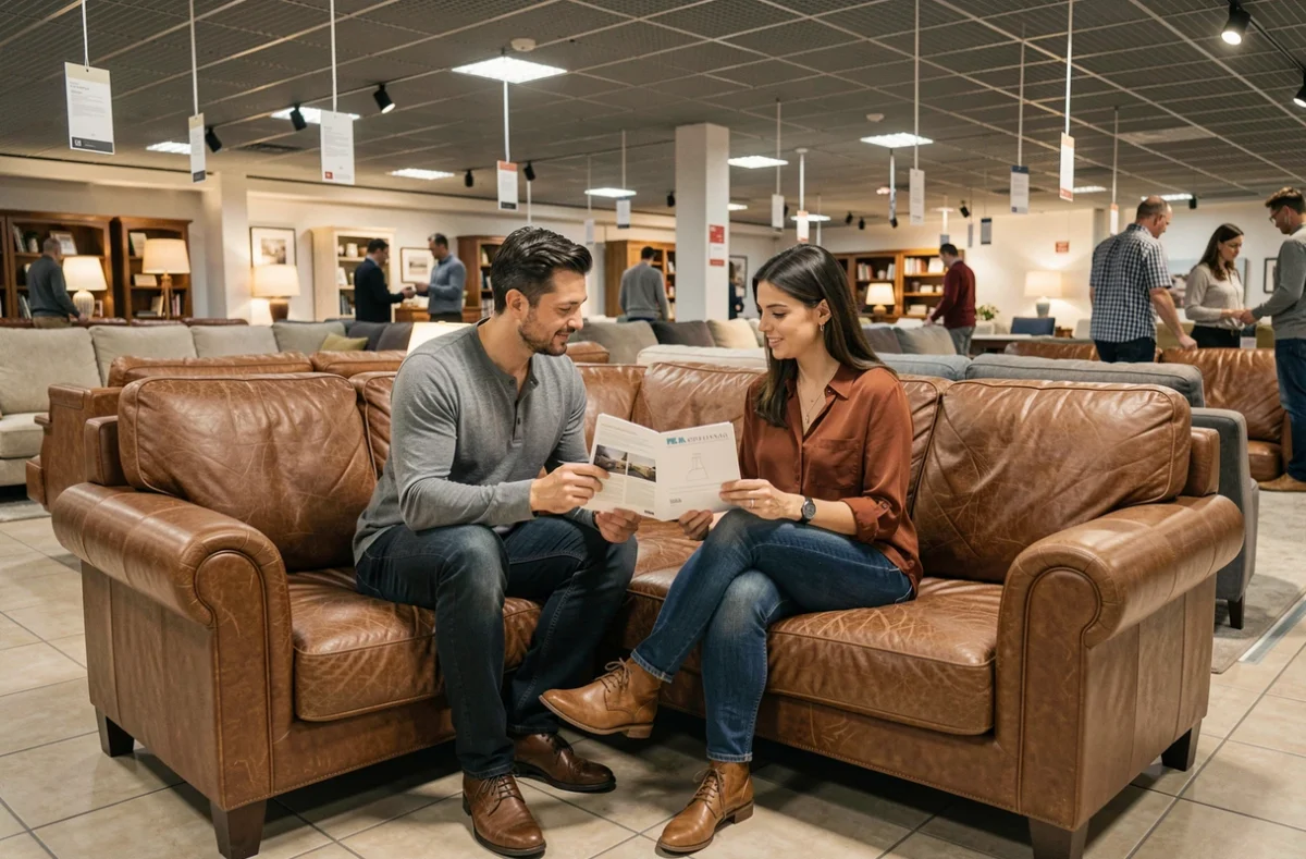 Couple consultant une brochure Poltronesofa assis sur un canapé en cuir dans un espace de vente