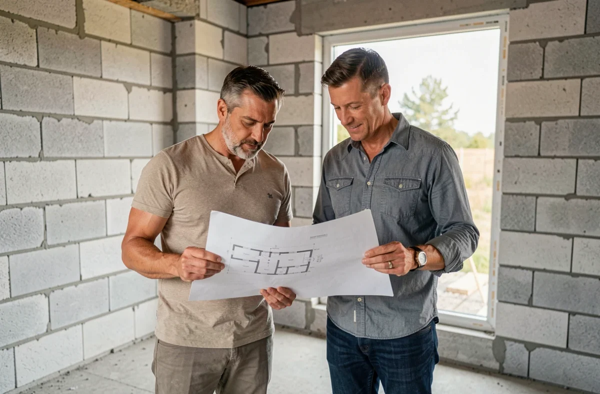 Couple examinant un devis de construction en béton cellulaire Siporex dans leur future maison en chantier