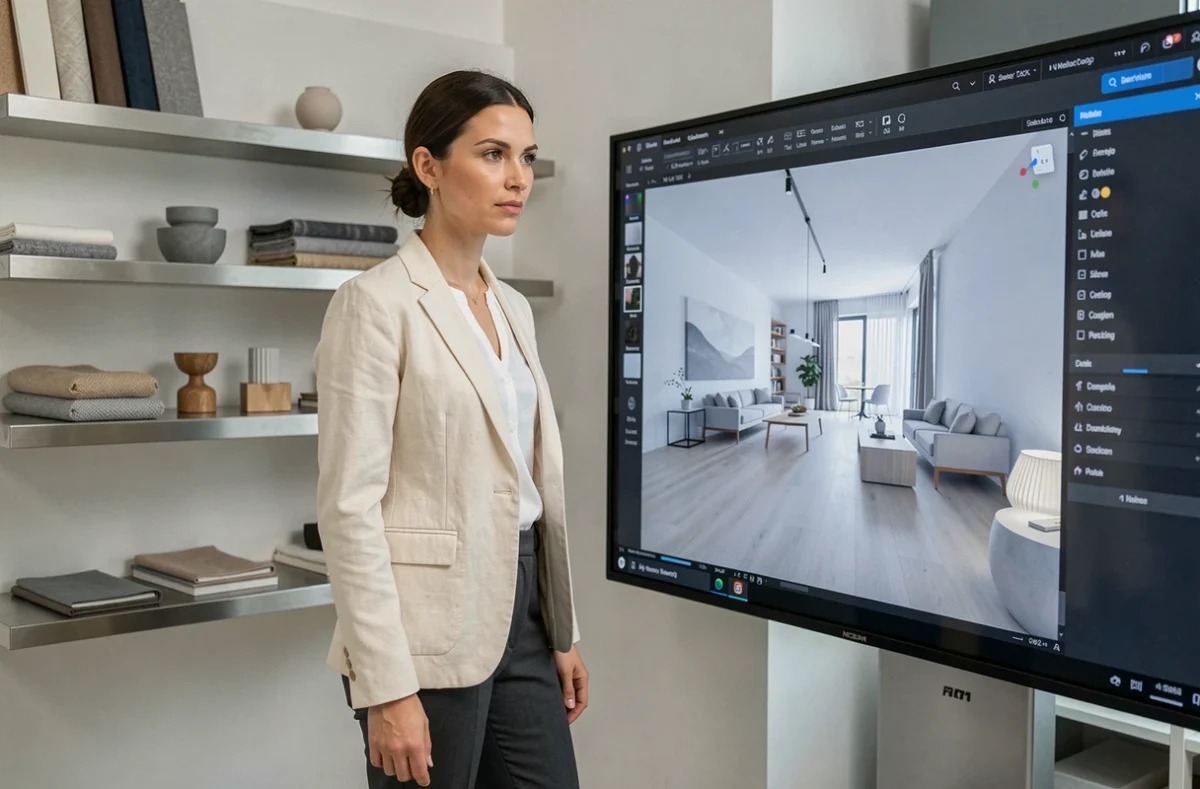 Designer d'intérieur utilisant un simulateur de décoration 3D pour aménager un espace minimaliste dans un studio professionnel