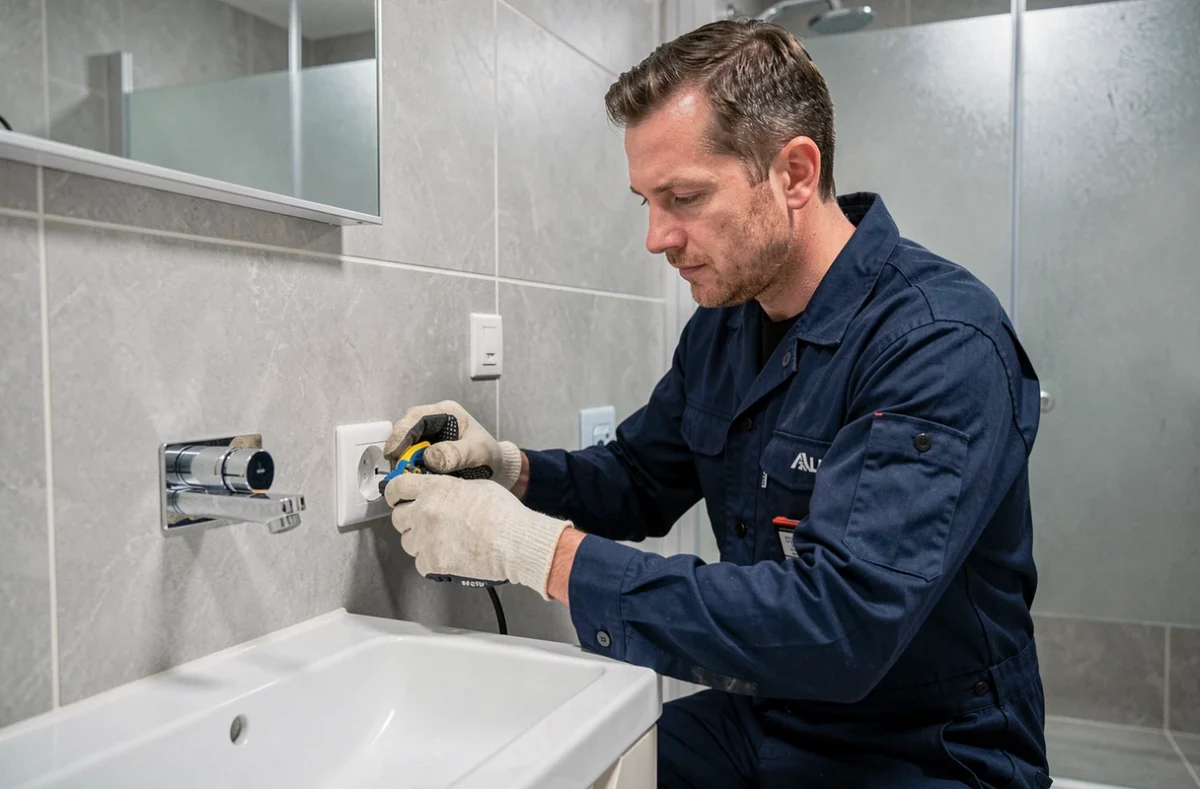 Électricien installant une prise étanche dans une salle de bain avec carrelage gris contemporain