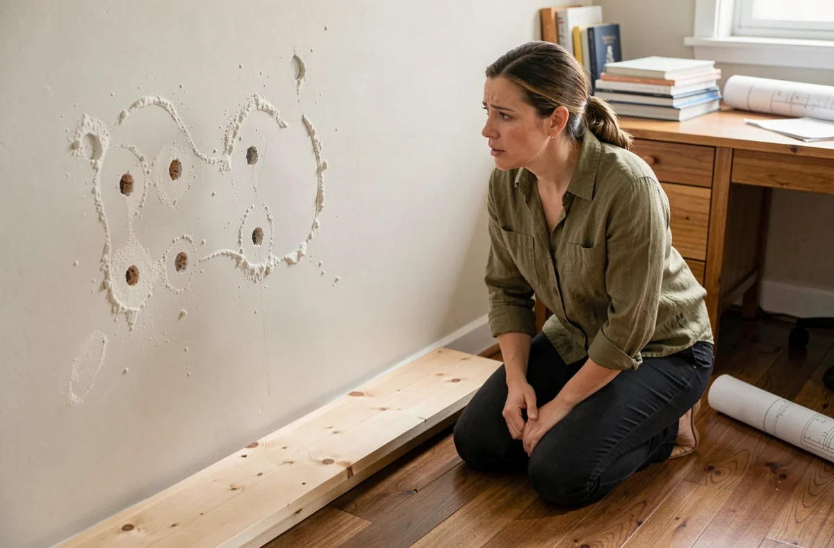 Femme face à une étagère tombée au sol et des trous de fixation ratés dans le mur, erreurs de perçage et de chevilles