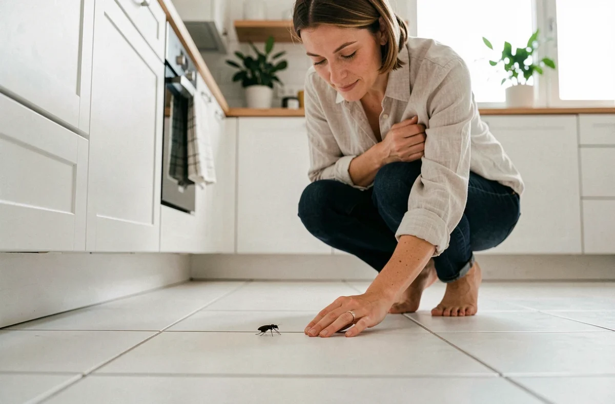 Femme observant calmement une petite bestiole noire sur le carrelage de cuisine sans panique