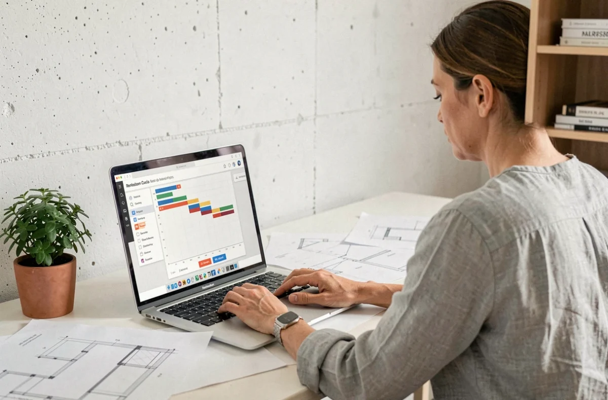 Femme utilisant un logiciel de planning travaux en ligne pour générer un PDF de rénovation sur son ordinateur portable